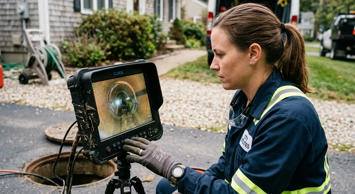 Technician reviewing sewer camera inspection footage in Brooklyn