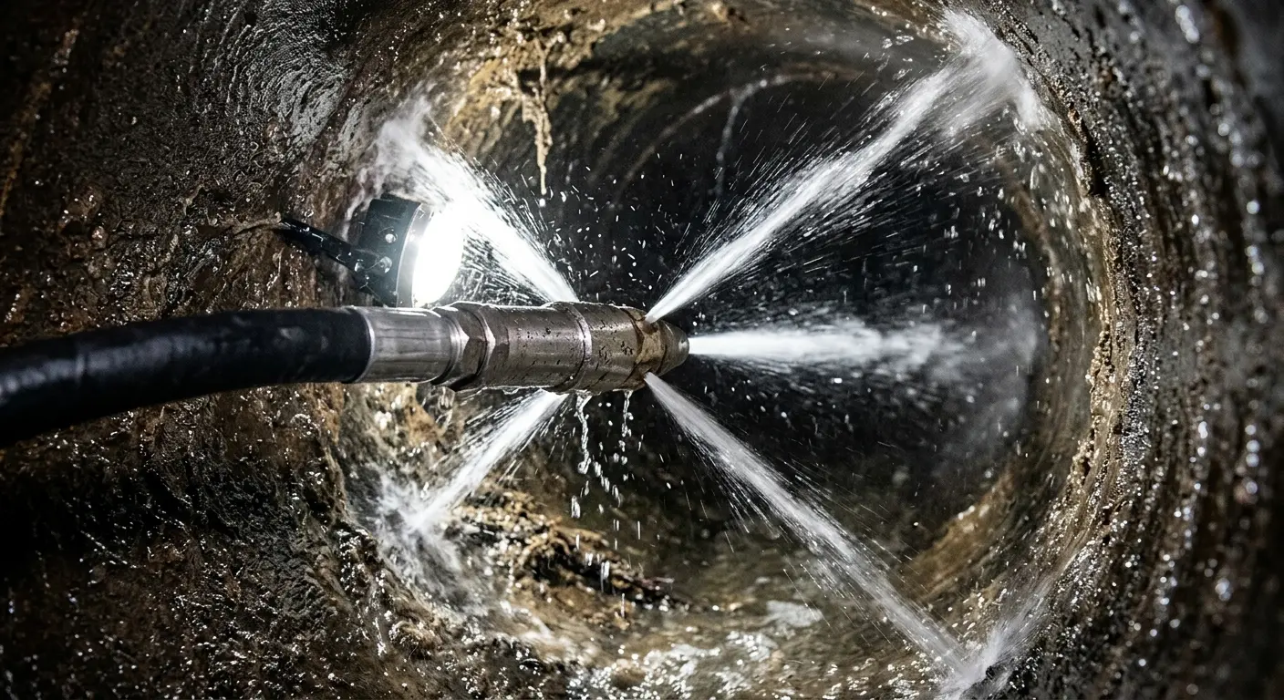 High-pressure hydro jetting nozzle cleaning sewer pipe for Emergency Drain Service in Brooklyn
