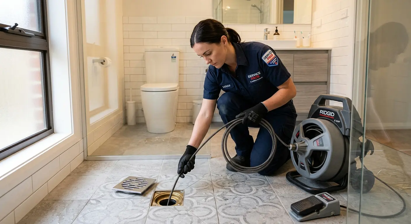 Technician clearing a bathroom floor drain for Clogged Drain Repair in Brooklyn